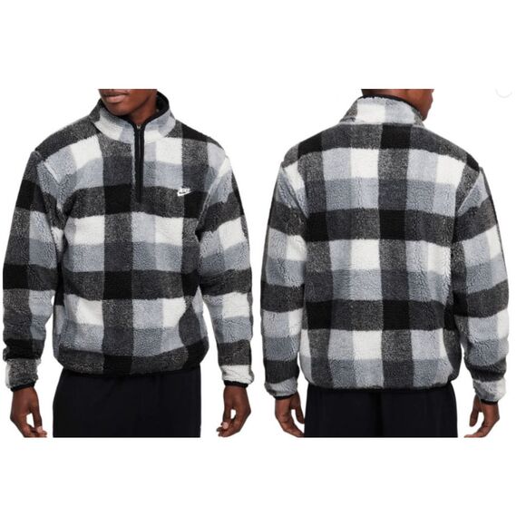 Nike Men’s Club Winterized 1/2 Zip Pullover Fleece Plaid Sherpa Black & Grey - Picture 1 of 11